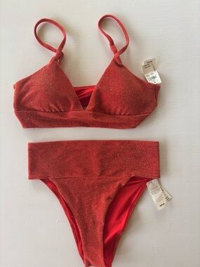 Aerie Red Shimmer Bikini Set NWT Size Medium Sparkle High Waisted